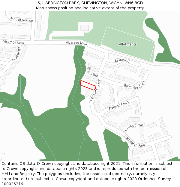 6, HARRINGTON PARK, SHEVINGTON, WIGAN, WN6 8GD: Location map and indicative extent of plot