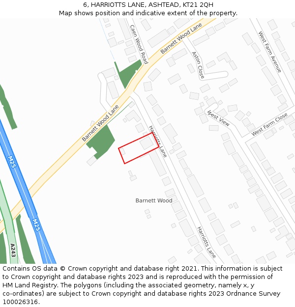 6, HARRIOTTS LANE, ASHTEAD, KT21 2QH: Location map and indicative extent of plot