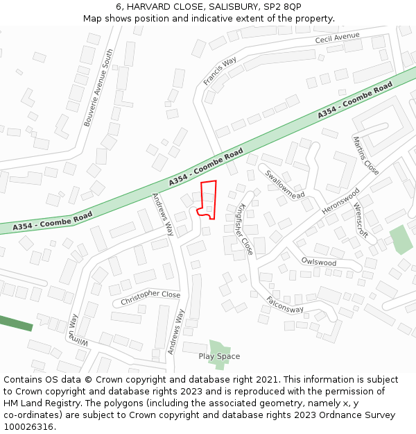 6, HARVARD CLOSE, SALISBURY, SP2 8QP: Location map and indicative extent of plot