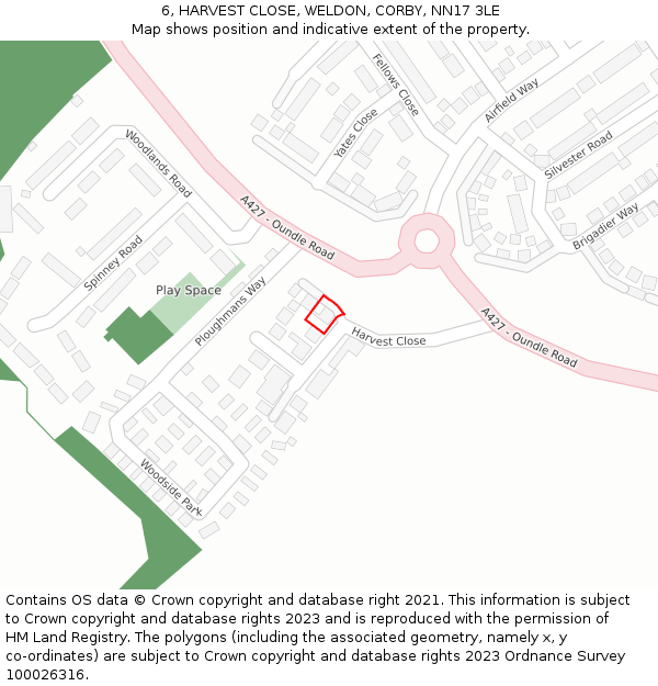 6, HARVEST CLOSE, WELDON, CORBY, NN17 3LE: Location map and indicative extent of plot