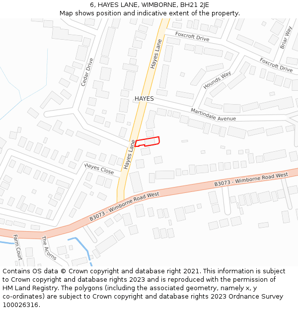 6, HAYES LANE, WIMBORNE, BH21 2JE: Location map and indicative extent of plot