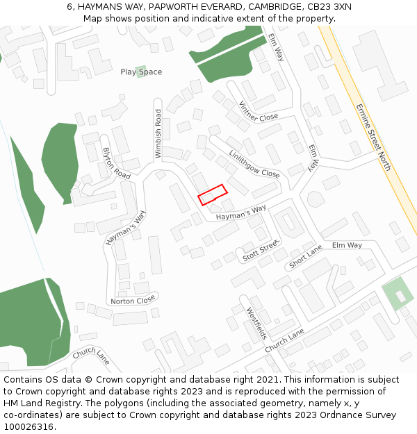 6, HAYMANS WAY, PAPWORTH EVERARD, CAMBRIDGE, CB23 3XN: Location map and indicative extent of plot