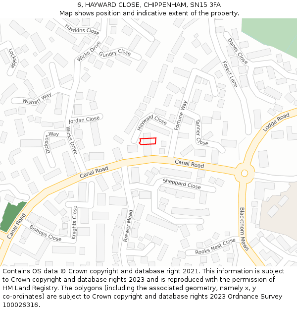 6, HAYWARD CLOSE, CHIPPENHAM, SN15 3FA: Location map and indicative extent of plot