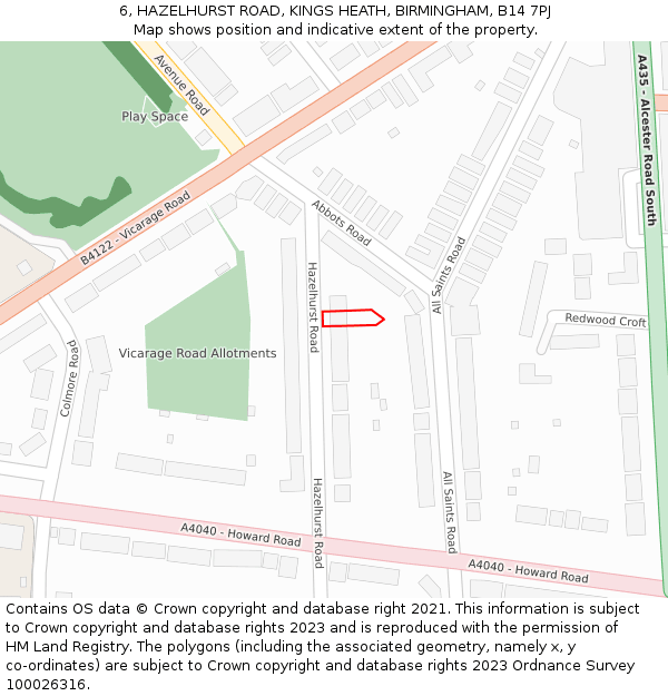 6, HAZELHURST ROAD, KINGS HEATH, BIRMINGHAM, B14 7PJ: Location map and indicative extent of plot