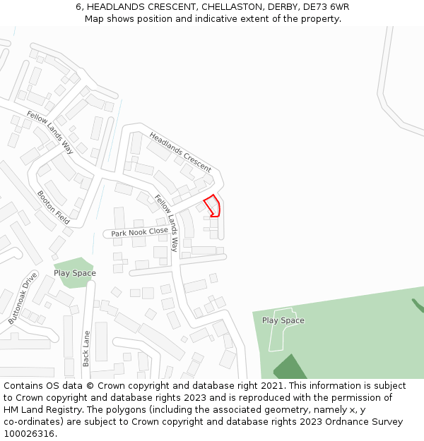 6, HEADLANDS CRESCENT, CHELLASTON, DERBY, DE73 6WR: Location map and indicative extent of plot