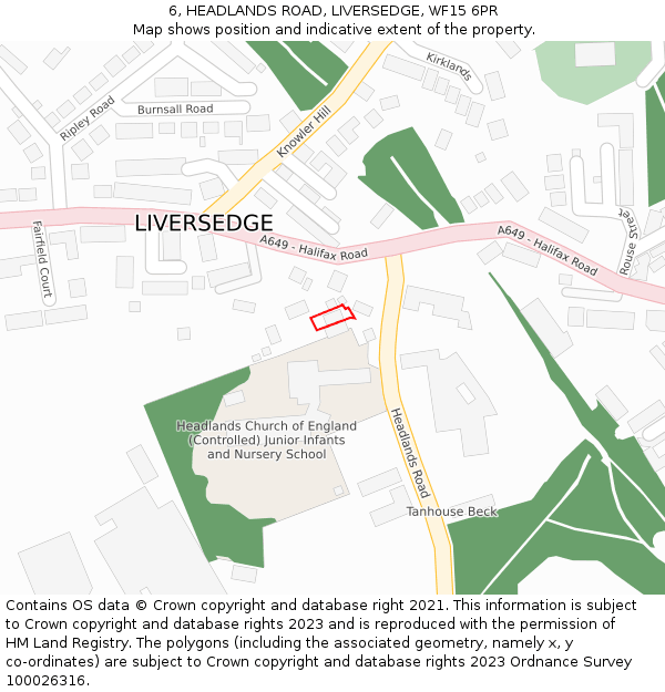 6, HEADLANDS ROAD, LIVERSEDGE, WF15 6PR: Location map and indicative extent of plot