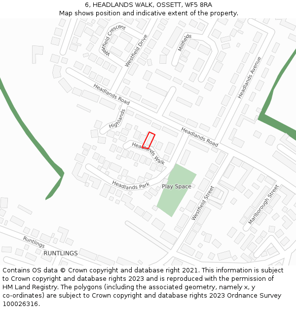 6, HEADLANDS WALK, OSSETT, WF5 8RA: Location map and indicative extent of plot