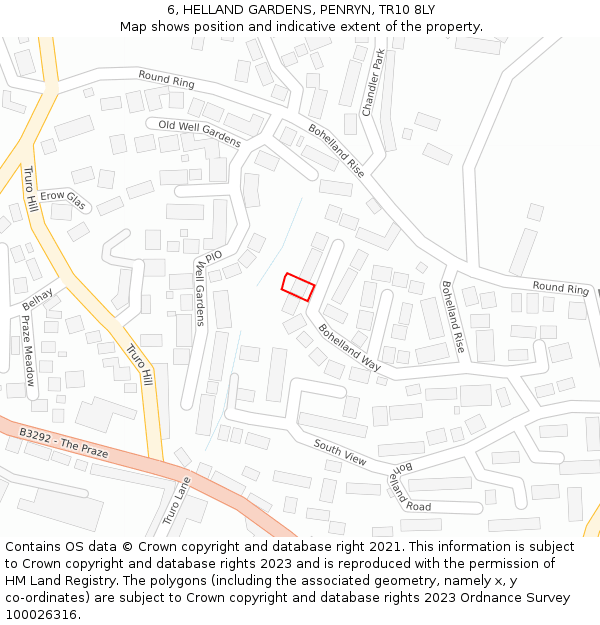 6, HELLAND GARDENS, PENRYN, TR10 8LY: Location map and indicative extent of plot