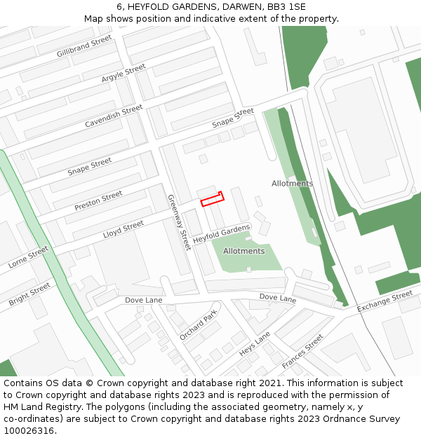 6, HEYFOLD GARDENS, DARWEN, BB3 1SE: Location map and indicative extent of plot