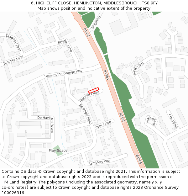 6, HIGHCLIFF CLOSE, HEMLINGTON, MIDDLESBROUGH, TS8 9FY: Location map and indicative extent of plot