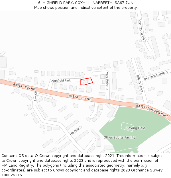 6, HIGHFIELD PARK, COXHILL, NARBERTH, SA67 7UN: Location map and indicative extent of plot
