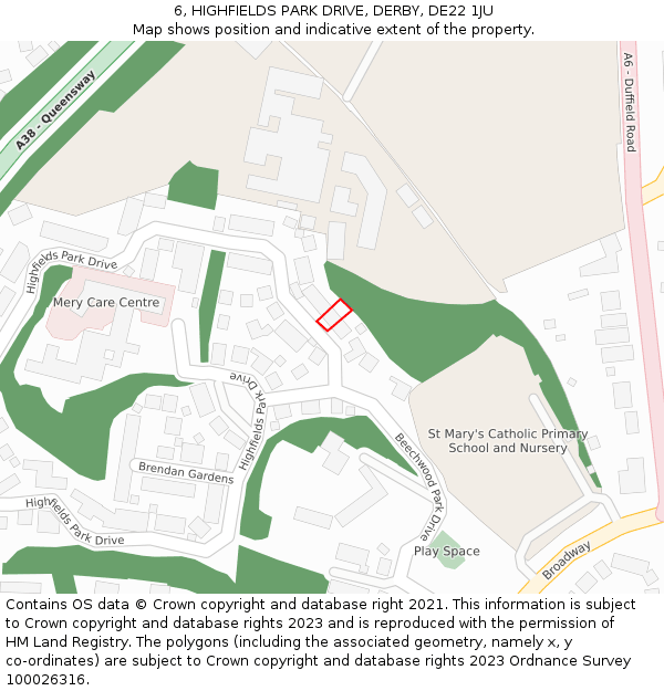6, HIGHFIELDS PARK DRIVE, DERBY, DE22 1JU: Location map and indicative extent of plot