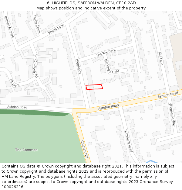 6, HIGHFIELDS, SAFFRON WALDEN, CB10 2AD: Location map and indicative extent of plot