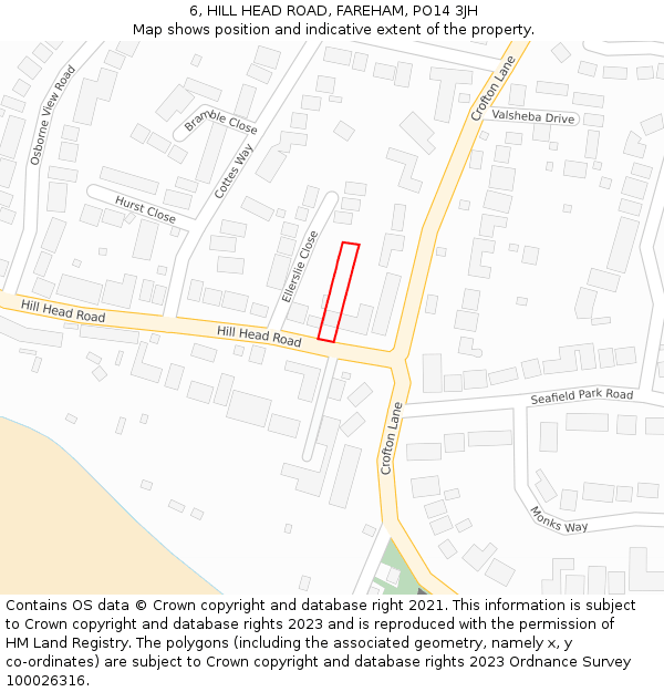 6, HILL HEAD ROAD, FAREHAM, PO14 3JH: Location map and indicative extent of plot