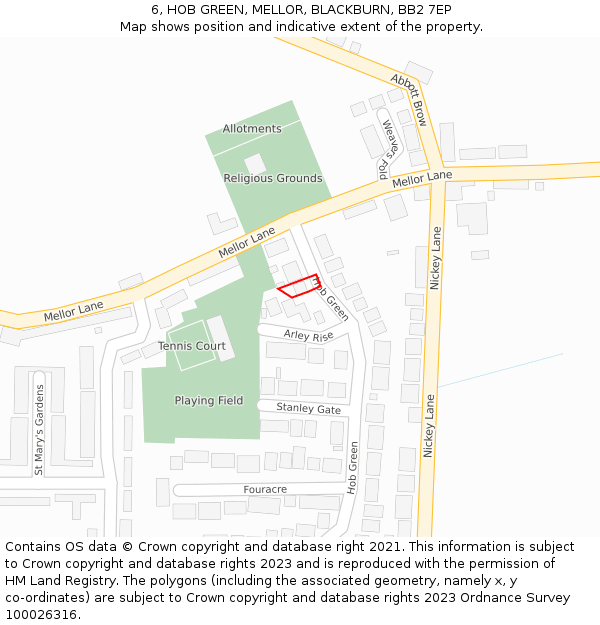 6, HOB GREEN, MELLOR, BLACKBURN, BB2 7EP: Location map and indicative extent of plot