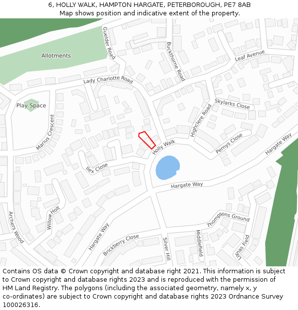6, HOLLY WALK, HAMPTON HARGATE, PETERBOROUGH, PE7 8AB: Location map and indicative extent of plot