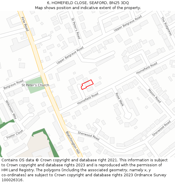 6, HOMEFIELD CLOSE, SEAFORD, BN25 3DQ: Location map and indicative extent of plot