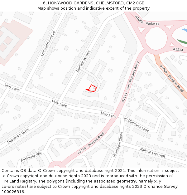 6, HONYWOOD GARDENS, CHELMSFORD, CM2 0GB: Location map and indicative extent of plot