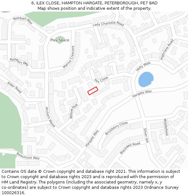 6, ILEX CLOSE, HAMPTON HARGATE, PETERBOROUGH, PE7 8AD: Location map and indicative extent of plot