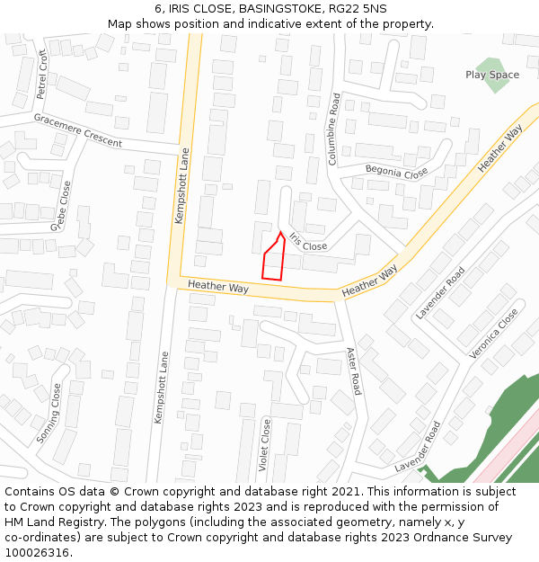 6, IRIS CLOSE, BASINGSTOKE, RG22 5NS: Location map and indicative extent of plot