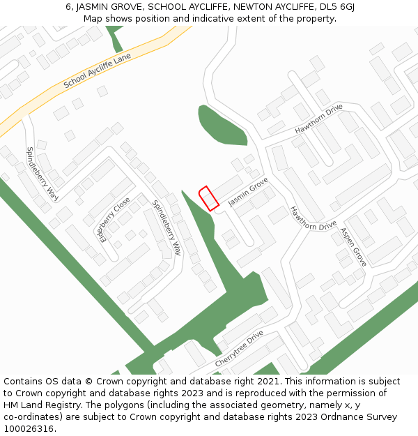 6, JASMIN GROVE, SCHOOL AYCLIFFE, NEWTON AYCLIFFE, DL5 6GJ: Location map and indicative extent of plot