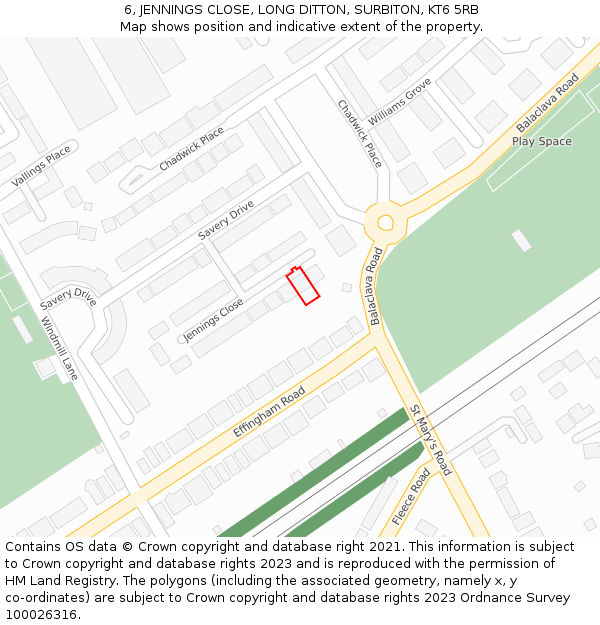 6, JENNINGS CLOSE, LONG DITTON, SURBITON, KT6 5RB: Location map and indicative extent of plot