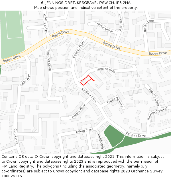 6, JENNINGS DRIFT, KESGRAVE, IPSWICH, IP5 2HA: Location map and indicative extent of plot