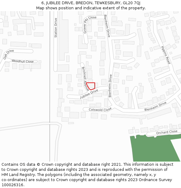 6, JUBILEE DRIVE, BREDON, TEWKESBURY, GL20 7QJ: Location map and indicative extent of plot