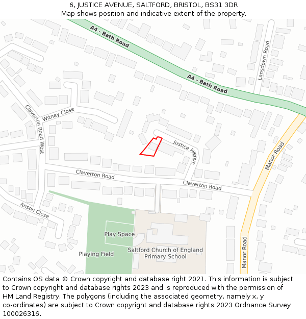 6, JUSTICE AVENUE, SALTFORD, BRISTOL, BS31 3DR: Location map and indicative extent of plot