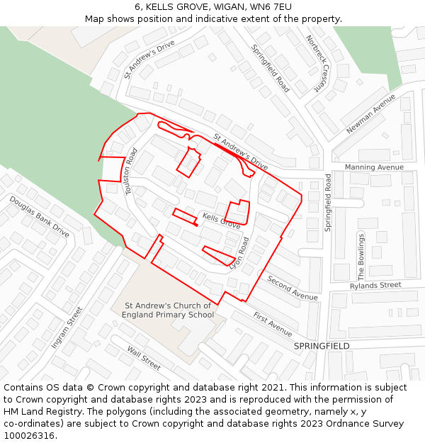 6, KELLS GROVE, WIGAN, WN6 7EU: Location map and indicative extent of plot