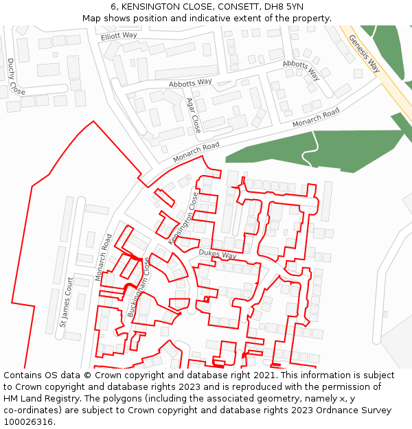 6, KENSINGTON CLOSE, CONSETT, DH8 5YN: Location map and indicative extent of plot