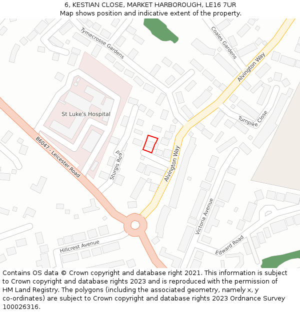 6, KESTIAN CLOSE, MARKET HARBOROUGH, LE16 7UR: Location map and indicative extent of plot