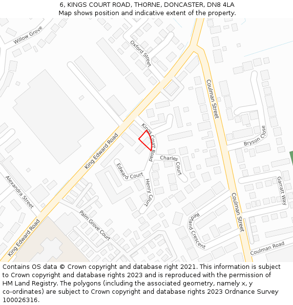6, KINGS COURT ROAD, THORNE, DONCASTER, DN8 4LA: Location map and indicative extent of plot
