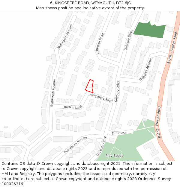6, KINGSBERE ROAD, WEYMOUTH, DT3 6JS: Location map and indicative extent of plot