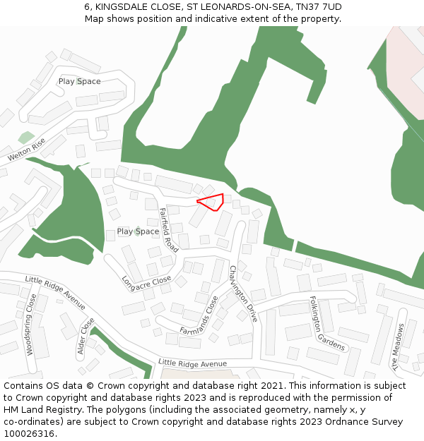 6, KINGSDALE CLOSE, ST LEONARDS-ON-SEA, TN37 7UD: Location map and indicative extent of plot