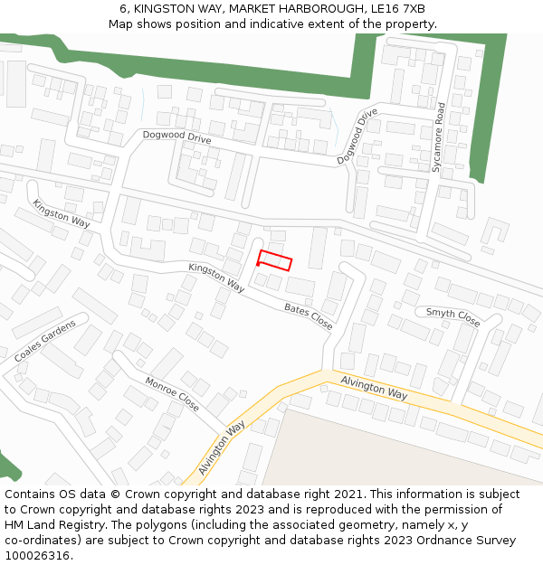 6, KINGSTON WAY, MARKET HARBOROUGH, LE16 7XB: Location map and indicative extent of plot