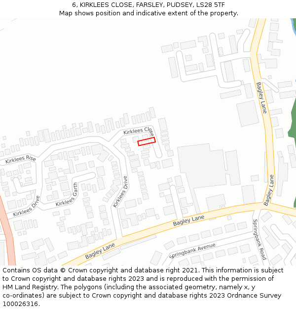 6, KIRKLEES CLOSE, FARSLEY, PUDSEY, LS28 5TF: Location map and indicative extent of plot