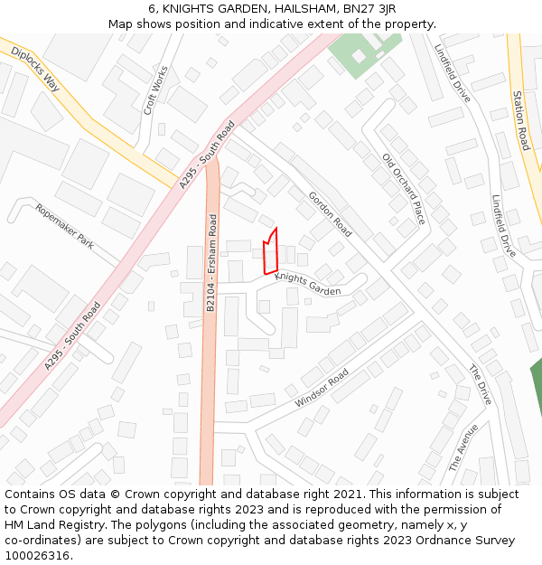6, KNIGHTS GARDEN, HAILSHAM, BN27 3JR: Location map and indicative extent of plot
