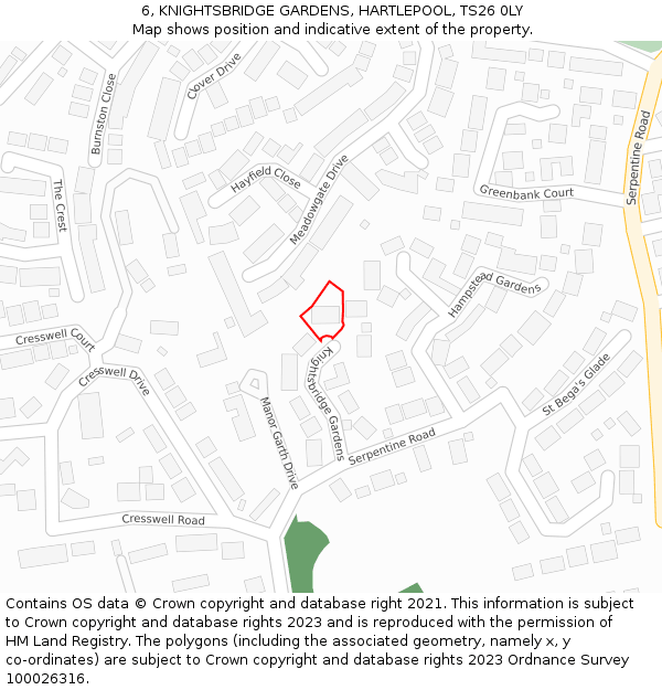 6, KNIGHTSBRIDGE GARDENS, HARTLEPOOL, TS26 0LY: Location map and indicative extent of plot