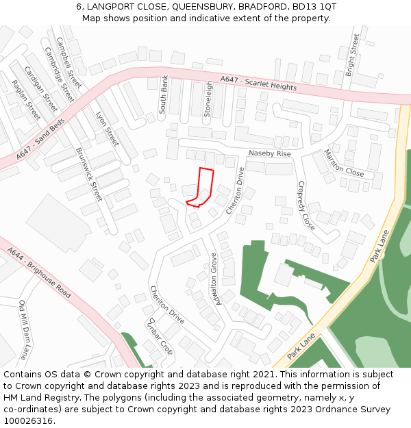 6, LANGPORT CLOSE, QUEENSBURY, BRADFORD, BD13 1QT: Location map and indicative extent of plot