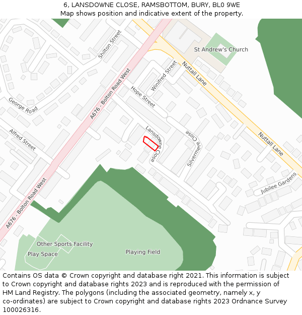 6, LANSDOWNE CLOSE, RAMSBOTTOM, BURY, BL0 9WE: Location map and indicative extent of plot