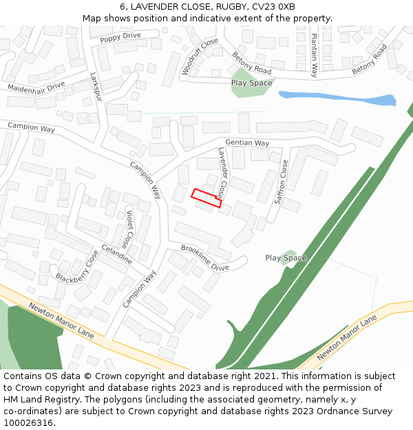 6, LAVENDER CLOSE, RUGBY, CV23 0XB: Location map and indicative extent of plot