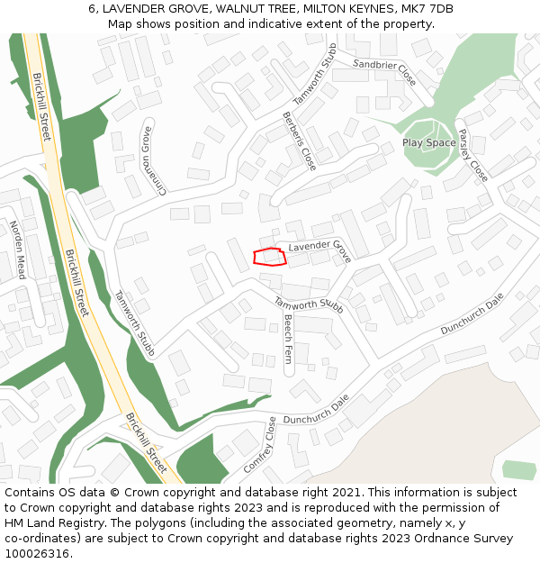 6, LAVENDER GROVE, WALNUT TREE, MILTON KEYNES, MK7 7DB: Location map and indicative extent of plot