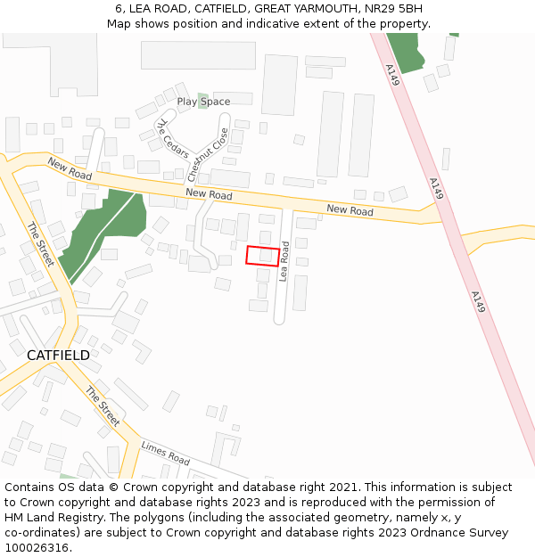 6, LEA ROAD, CATFIELD, GREAT YARMOUTH, NR29 5BH: Location map and indicative extent of plot