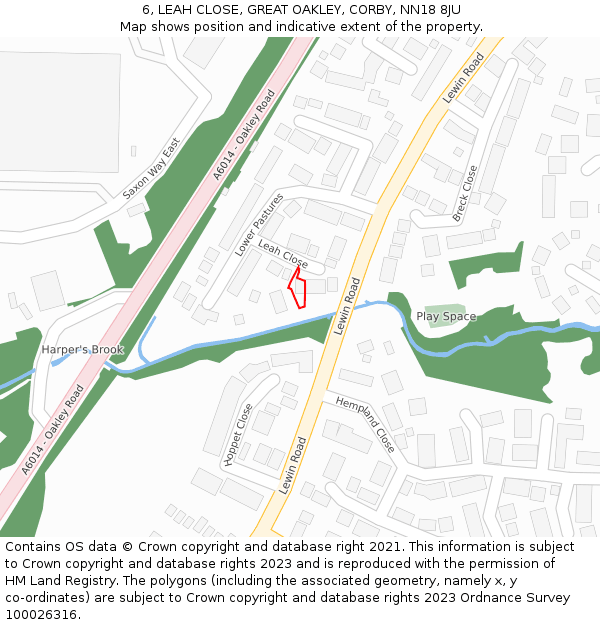 6, LEAH CLOSE, GREAT OAKLEY, CORBY, NN18 8JU: Location map and indicative extent of plot