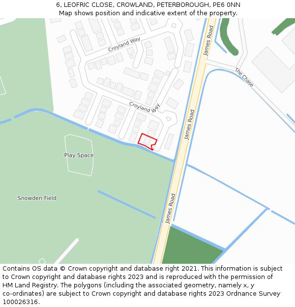 6, LEOFRIC CLOSE, CROWLAND, PETERBOROUGH, PE6 0NN: Location map and indicative extent of plot