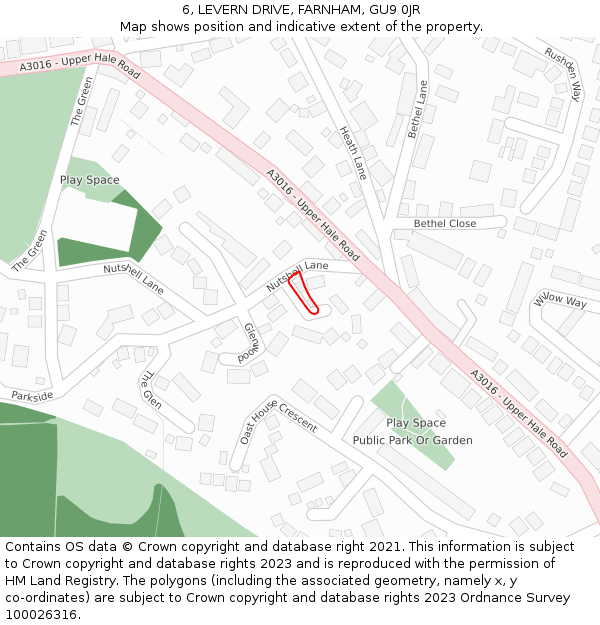 6, LEVERN DRIVE, FARNHAM, GU9 0JR: Location map and indicative extent of plot