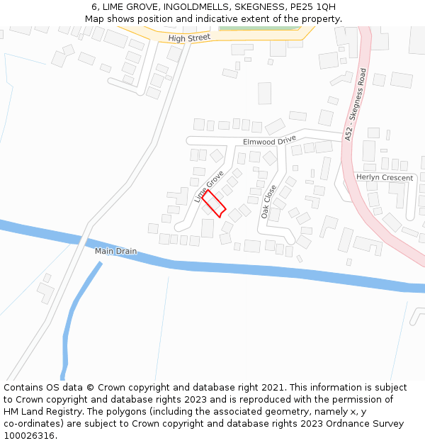 6, LIME GROVE, INGOLDMELLS, SKEGNESS, PE25 1QH: Location map and indicative extent of plot