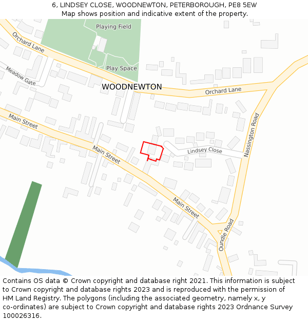 6, LINDSEY CLOSE, WOODNEWTON, PETERBOROUGH, PE8 5EW: Location map and indicative extent of plot