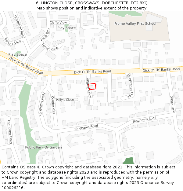 6, LINGTON CLOSE, CROSSWAYS, DORCHESTER, DT2 8XQ: Location map and indicative extent of plot